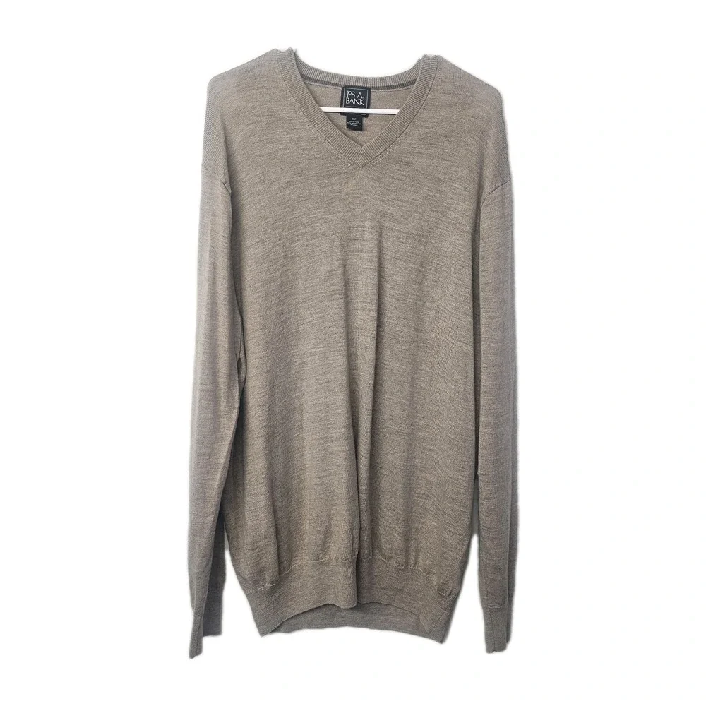Jos A Bank Sweater Mens 2XLT Traveler Beige Merino Wool V Neck‎ Ribbed Cuffs